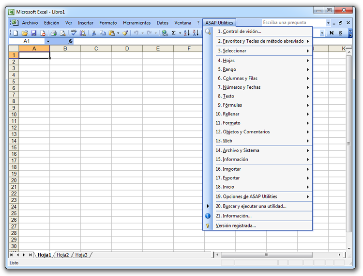 Excel 2003 con ASAP Utilities en su men�